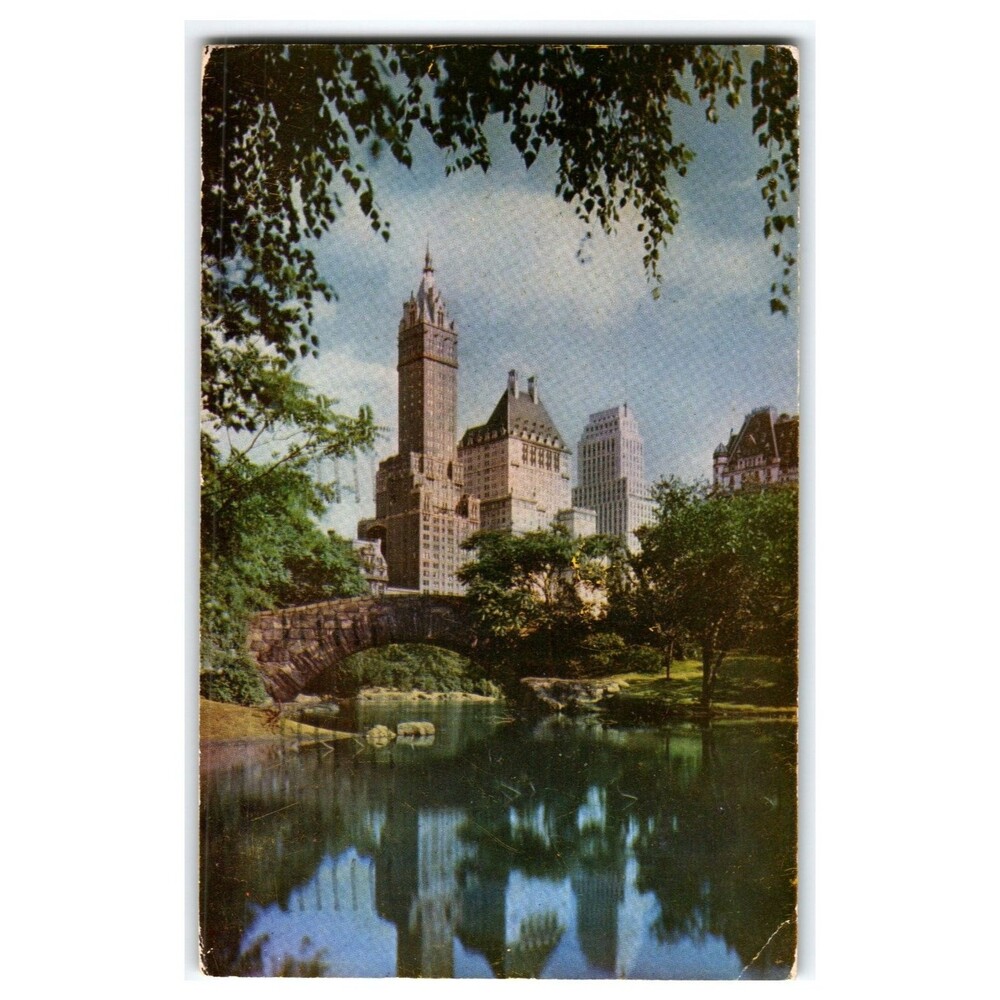 Vintage Central Park NYC Postcard - Gapstow Bridge, Plaza Hotel 1957